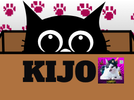 A cat peeking out of a box labeled KIJO.