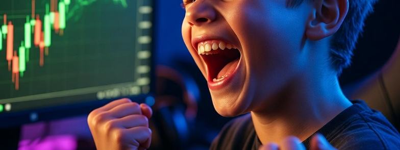 A 13-year-old boy with a mischievous smile in front of a computer, with a green crypto pump on the screen.