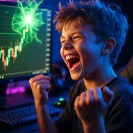 A 13-year-old boy with a mischievous smile in front of a computer, with a green crypto pump on the screen.