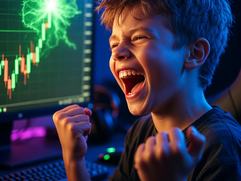 A 13-year-old boy with a mischievous smile in front of a computer, with a green crypto pump on the screen.