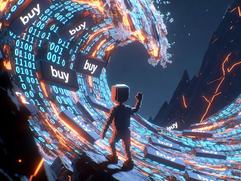 A small pixelated boy on a rock, above whom a huge cyberpunk wave with binary code and BUY buttons crashes. Neon 3D lighting