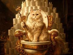 Majestic fluffy cat holding a golden scepter while sitting on a luxurious golden toilet throne in front of a giant pyramid of toilet paper rolls.