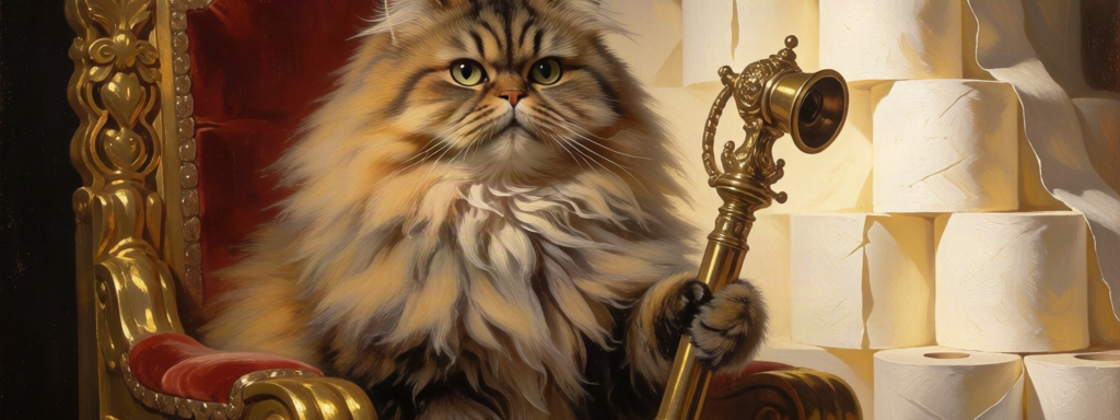 Majestic Persian cat sitting on a golden throne with a bidet sprayer scepter next to a pyramid of toilet paper rolls.
