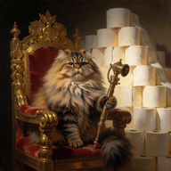 Majestic Persian cat sitting on a golden throne with a bidet sprayer scepter next to a pyramid of toilet paper rolls.