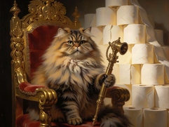 Majestic Persian cat sitting on a golden throne with a bidet sprayer scepter next to a pyramid of toilet paper rolls.