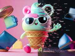 Adorable, colorful, animated ice cream cone character wearing sunglasses in a kawaii NFT style.