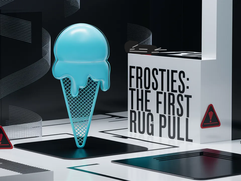 Minimalist poster design, melting ice cream cone icon in center, dark background with subtle blockchain pattern, bold typography "FROSTIES: THE FIRST RUG PULL",