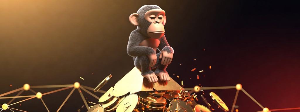 A monkey sits atop a fragile pyramid of Ethereum coins, which begins to crumble. In the background, a delicate network of lines cracks, and the light slowly fades – a very emotional and melancholic atmosphere.