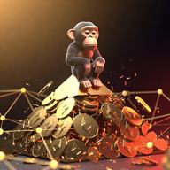 A monkey sits atop a fragile pyramid of Ethereum coins, which begins to crumble. In the background, a delicate network of lines cracks, and the light slowly fades – a very emotional and melancholic atmosphere.