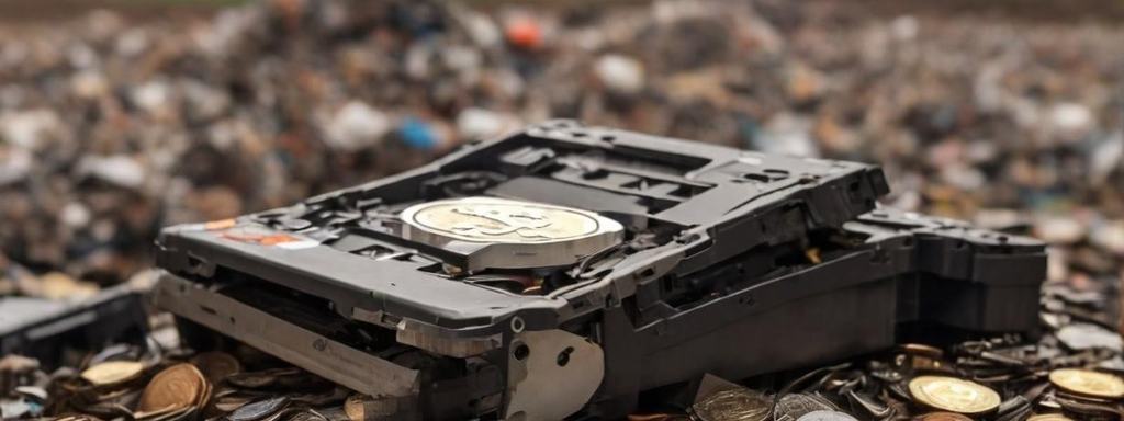 Broken hard disk drive on a pile of coins