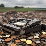 Broken hard disk drive on a pile of coins