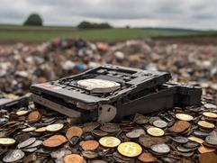 Broken hard disk drive on a pile of coins