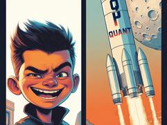 Colorful comic book-style split-screen illustration. Left: A confident, cocky boy holding a few dollars with a wide smile. Right: A huge rocket with the word "QUANT" written on it, flying to the moon without him.