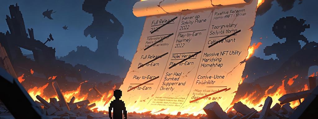 A burned, torn roadmap with crossed-out promises (Full Release 2022, Play-to-Earn, NFT Utility, etc.), a silhouette of a character standing among ruins and fire, pixelated Pixelmon in the background.