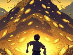 A boy runs away with a small bag, followed by a massive mountain of gold and crypto coins reaching for the sky. A surreal metaphor for FOMO and greed.