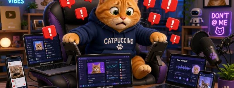 A stressed anthropomorphic ginger cat wearing a dark blue hoodie, sitting in a gaming chair surrounded by multiple laptops and smartphones overflowing with red exclamation mark notification icons.
