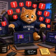 A stressed anthropomorphic ginger cat wearing a dark blue hoodie, sitting in a gaming chair surrounded by multiple laptops and smartphones overflowing with red exclamation mark notification icons.