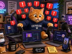 A stressed anthropomorphic ginger cat wearing a dark blue hoodie, sitting in a gaming chair surrounded by multiple laptops and smartphones overflowing with red exclamation mark notification icons.
