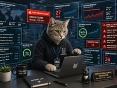 A professional anthropomorphic cat wearing a black hoodie and a "Server Moderator" ID badge, working on a laptop. The background is filled with high-tech digital screens displaying Discord-style moderation queues, server analytics, heatmaps, and red "High