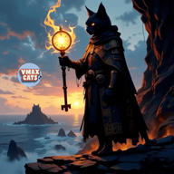 A cat standing on a rock with a huge burning key.
