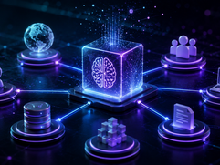 AI Crypto Tokens - bright, futuristic 3D visualization of an AI and blockchain ecosystem