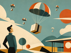 Crypto Airdrops - Parachute Packages Over a Retro Landscape