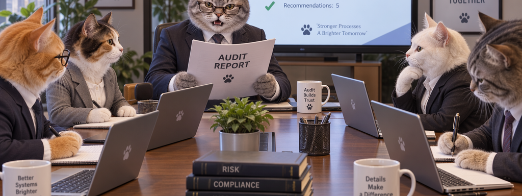 Personified cats sit at a conference table. A cat auditor reads aloud the conclusions of a recently completed audit. The cats listen attentively to the report and take notes on their laptops. A work atmosphere.
