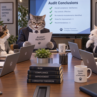 Personified cats sit at a conference table. A cat auditor reads aloud the conclusions of a recently completed audit. The cats listen attentively to the report and take notes on their laptops. A work atmosphere.
