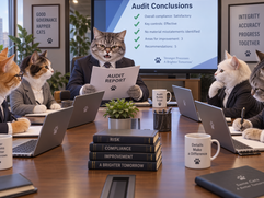 Personified cats sit at a conference table. A cat auditor reads aloud the conclusions of a recently completed audit. The cats listen attentively to the report and take notes on their laptops. A work atmosphere.