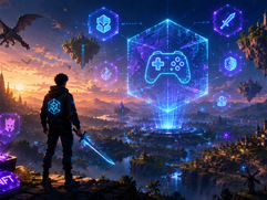 Blockchain Gaming - Epic metaverse sunset landscape with hero