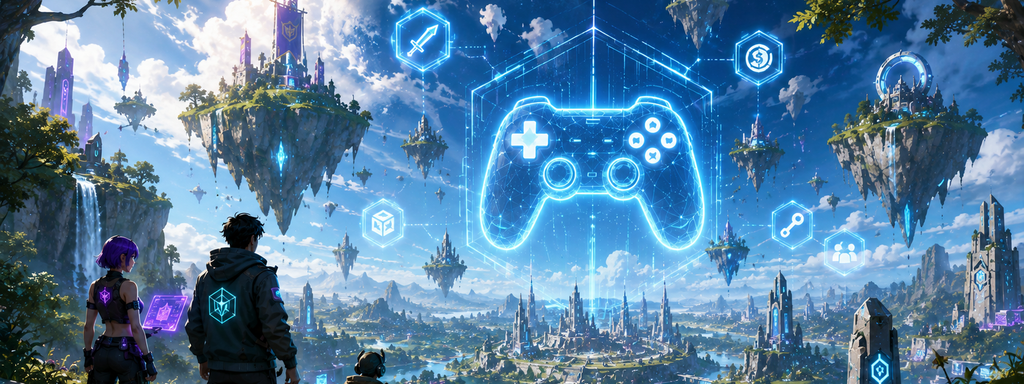 Blockchain Gaming - Futuristic floating islands and tech city