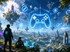 Blockchain Gaming - Futuristic floating islands and tech city
