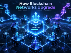 Blockchain Upgrades - A glowing blockchain network upgrades around a central core with branching paths and connected nodes.
