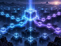 Blockchain Upgrades - Glowing network nodes spread across a futuristic landscape around a powerful central upgrade core.