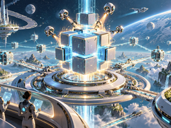 Blockchain Upgrades - A retro-futuristic city surrounds a modular network core being upgraded by engineers and robotic systems.