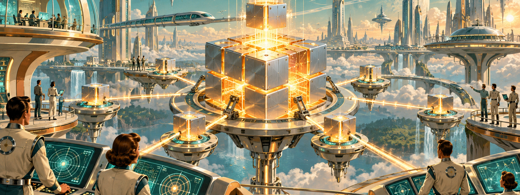 Blockchain Upgrades - Atomic-age engineers oversee a glowing decentralized network upgrade in an optimistic retro-futurist city.