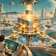 Blockchain Upgrades - Atomic-age engineers oversee a glowing decentralized network upgrade in an optimistic retro-futurist city.