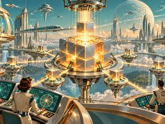 Blockchain Upgrades - Atomic-age engineers oversee a glowing decentralized network upgrade in an optimistic retro-futurist city.