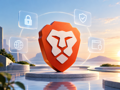 Brave Browser - Futuristic Lion Shield in a Dreamy Landscape