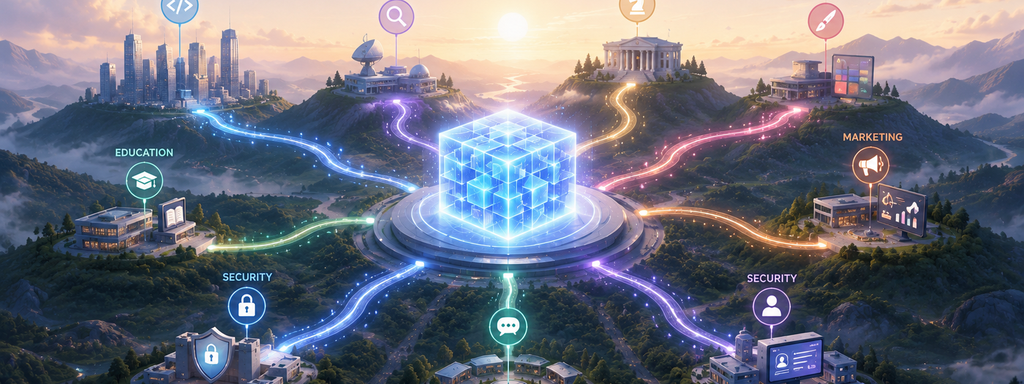 Blockchain Careers - Futuristic hub and interconnected sectors