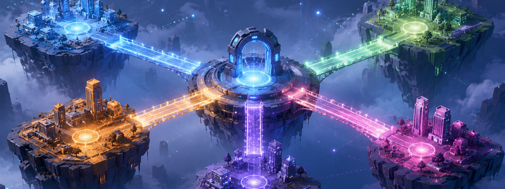 Cross-Chain Bridges - Futuristic digital city network island scape