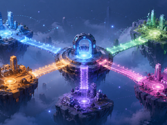 Cross-Chain Bridges - Futuristic digital city network island scape