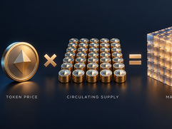 Market Capitalization - Original 3D Visual: Gold tokens and a glowing glass cube illustrate how token price multiplied by circulating supply determines cryptocurrency market capitalization.