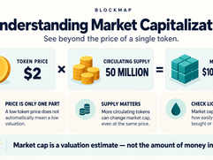 Market Capitalization - Infographic: A market capitalization infographic explains the formula with a $2 token example and key facts about supply, valuation, and liquidity.