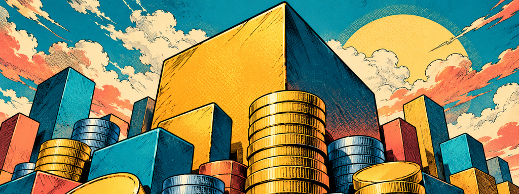 Market Capitalization - Comix: Bold comic-style artwork combines blank gold coins and colorful geometric towers to visualize cryptocurrency market size.
