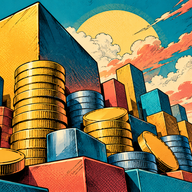 Market Capitalization - Comix: Bold comic-style artwork combines blank gold coins and colorful geometric towers to visualize cryptocurrency market size.