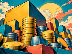 Market Capitalization - Comix: Bold comic-style artwork combines blank gold coins and colorful geometric towers to visualize cryptocurrency market size.