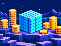 Market Capitalization - 8-Bit: Chunky pixel art features blank gold coin stacks around a cyan cube, with mountains and stars against a deep blue sky.