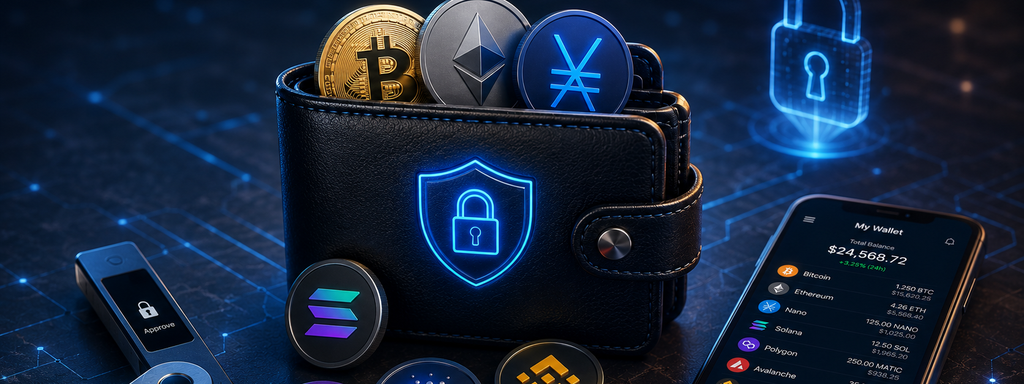 Crypto Wallets - Futuristic cryptocurrency management scene