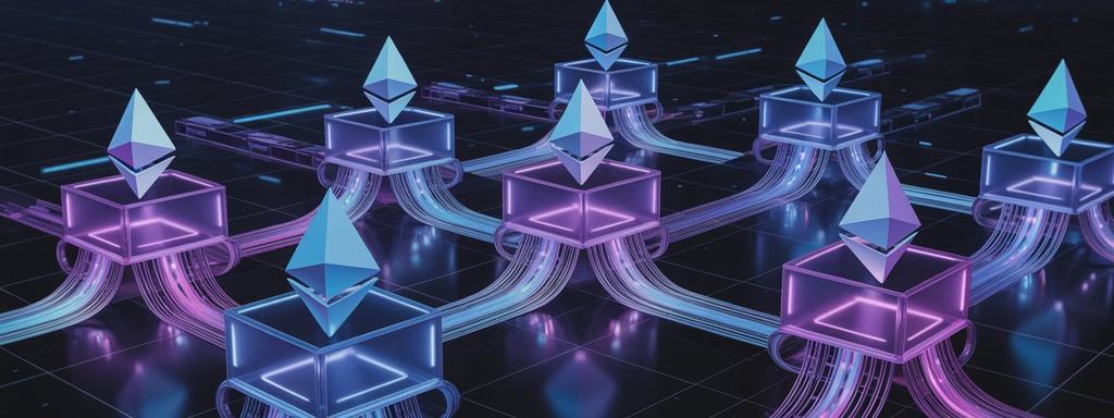 A digital art rendering of Ethereum cryptocurrency nodes connected by glowing neon cables in a futuristic network setup. The Ethereum logos, consisting of geometric diamond shapes in light blue and white, sit atop transparent cubic nodes.